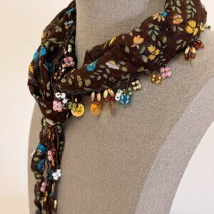 Traditional Turkish Oya Neck Brown Scarf Bead & Needle Lace on Lawn Cotton
